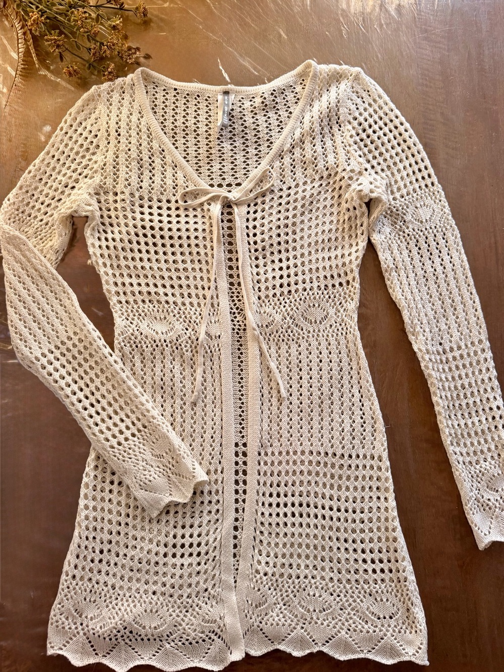 Women’s Crochet Cream Tie-Front Cardigan /Cover Up - Cotton